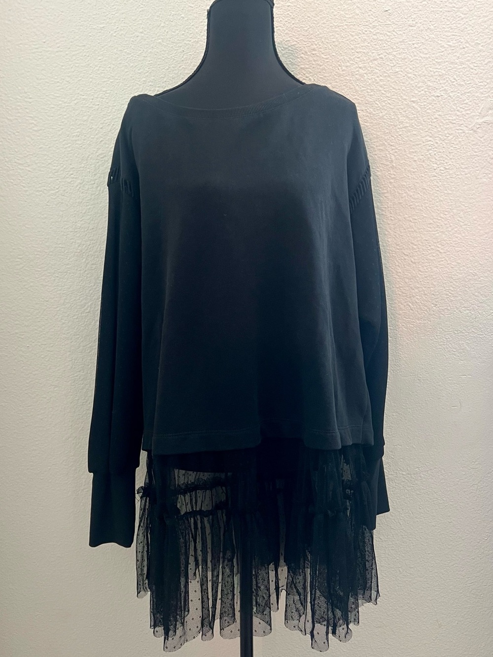 Anthropologie Black Layered Lace-Trim Sweatshirt